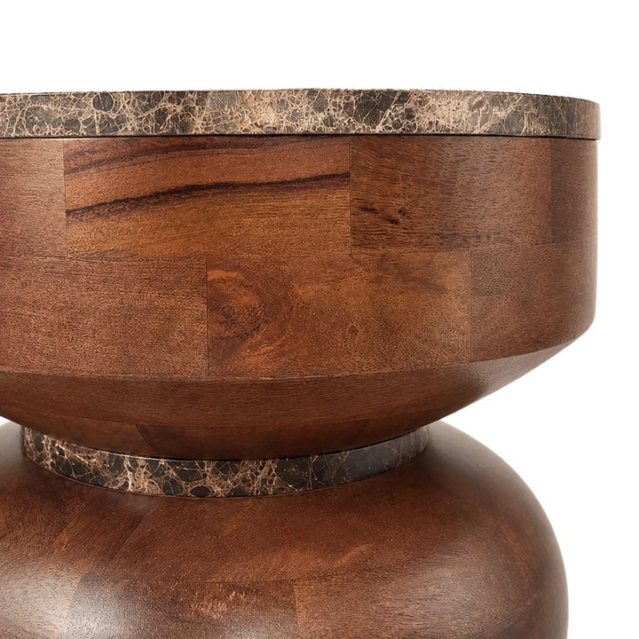 Bora Round Marble & Mango Wood Carved Tiered Side Table