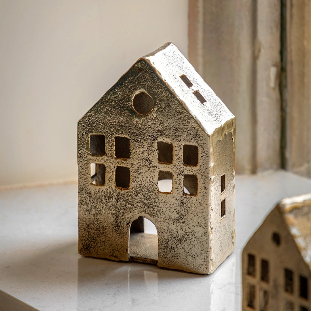 House Tealight Holder - Antique Gold