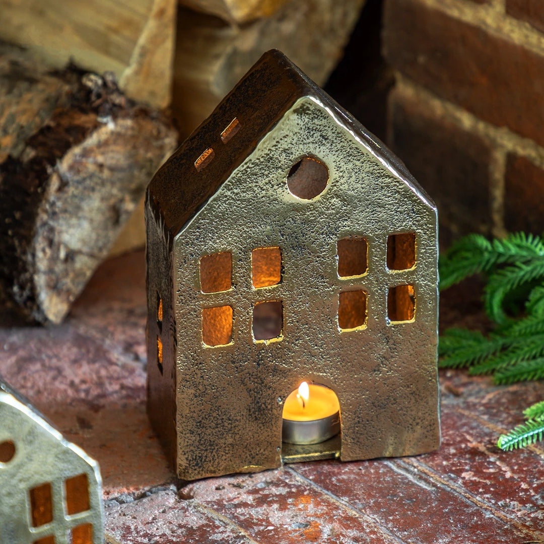 House Tealight Holder - Antique Gold
