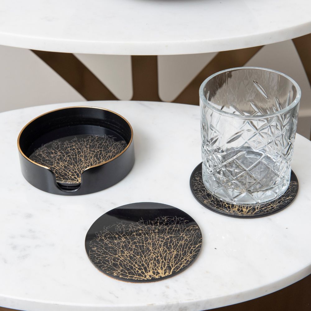 Coral Design Coasters Set of 4 - Black & Gold Libra 2