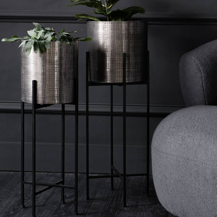 Clyde Set of 2 Floor Standing Planters - Nickel & black Libra 2