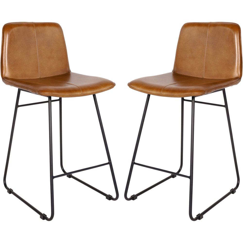 Libra Interiors Pair of Robinson Leather Bar Stools in Cognac