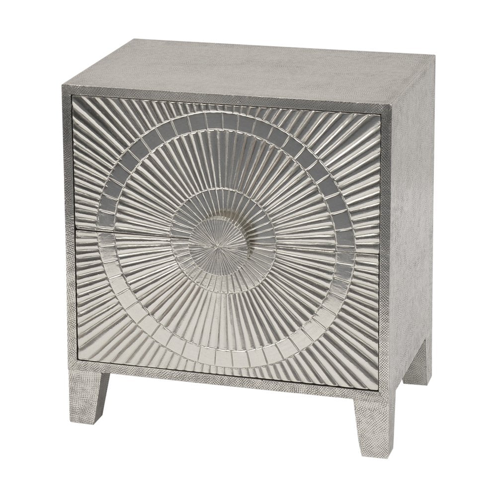 Libra Interiors Coco Silver Embossed Metal 2 Drawer Bedside Table