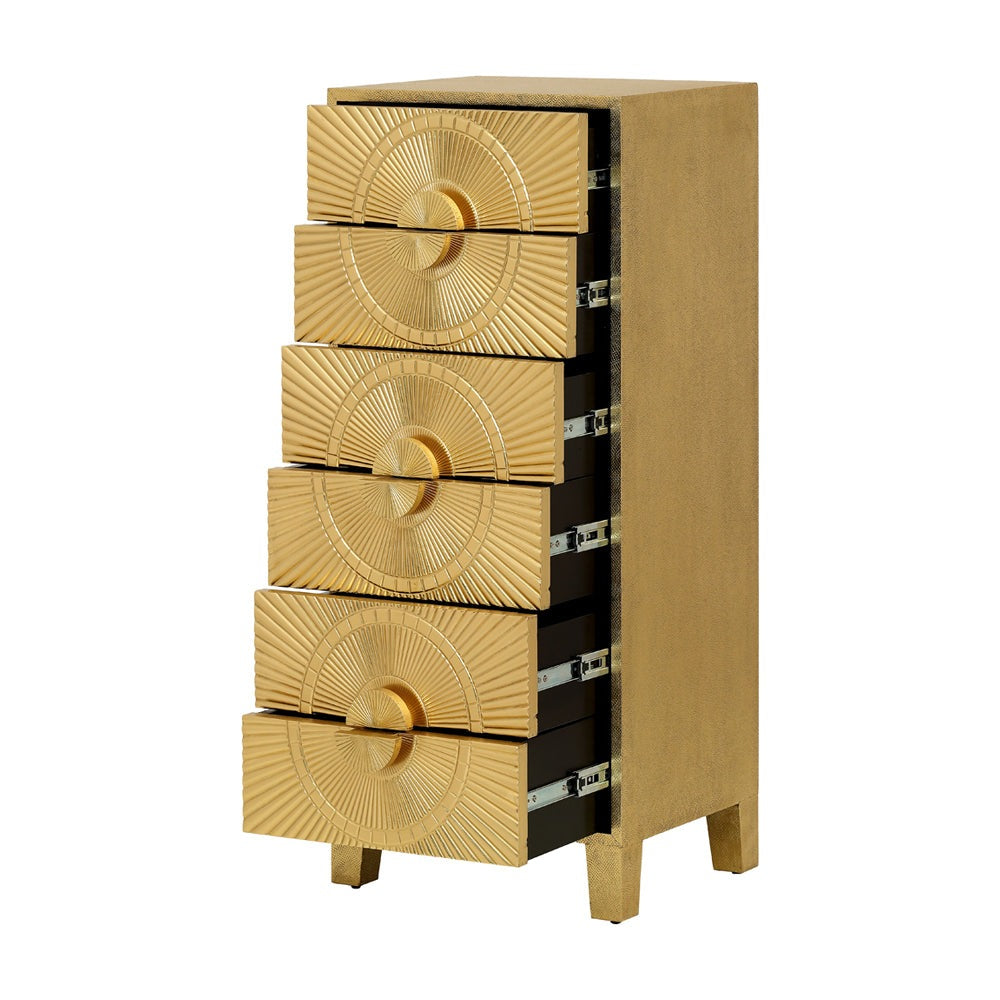 Libra Interiors Coco Gold Embossed Metal 6 Drawer Tall Boy