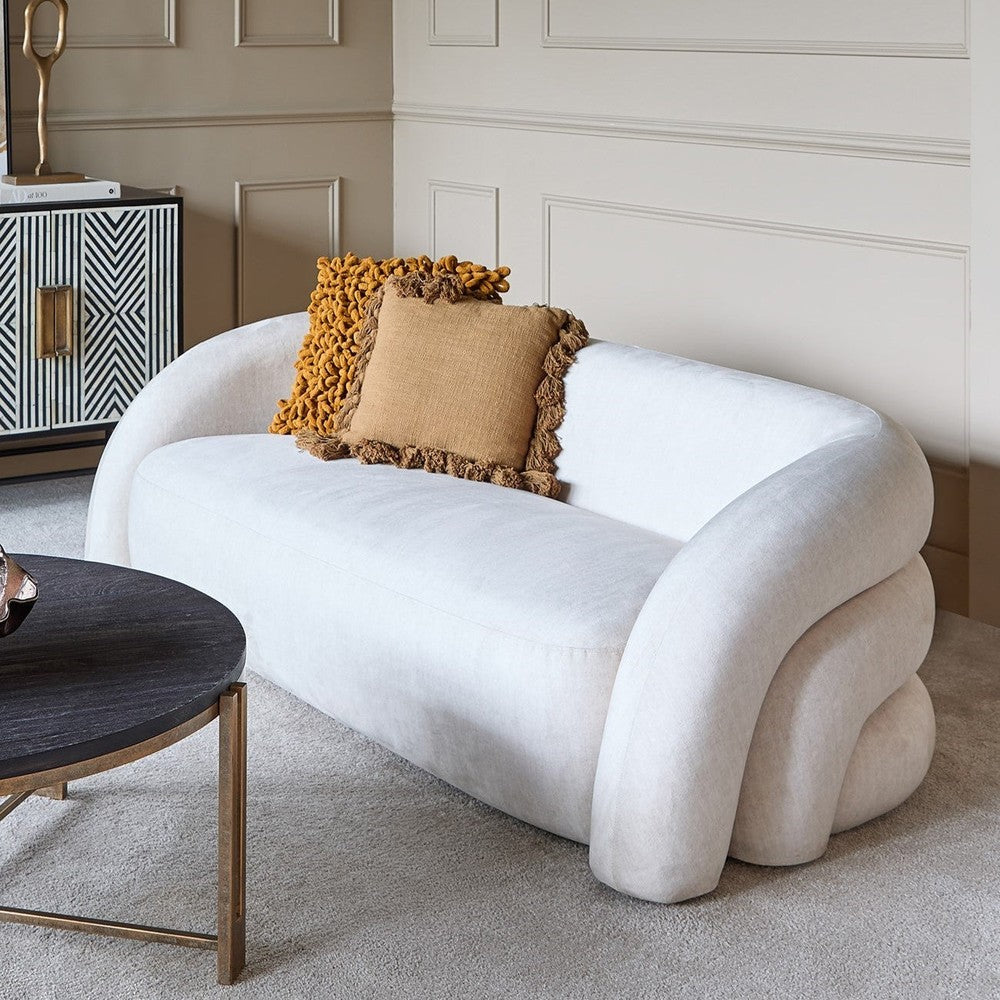 Casa Velvet Upholstered Curved Two Seater Sofa - Cream