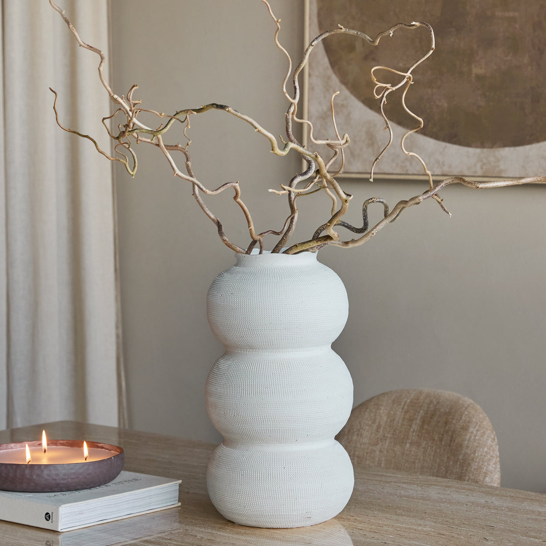 Rhea White Textured Ceramic Triple Bulb Vase