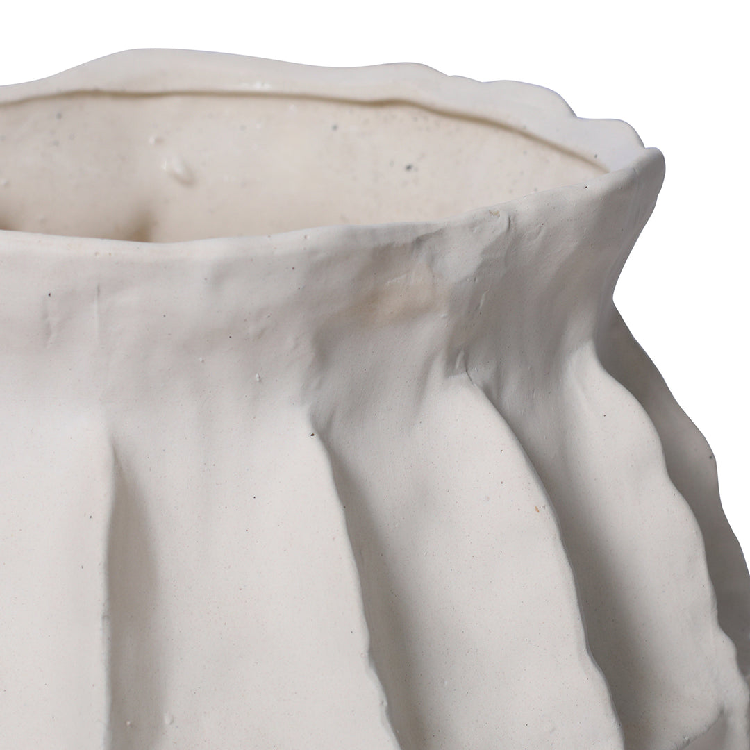 Kova White Ceramic Ribbed Large Squat Vase