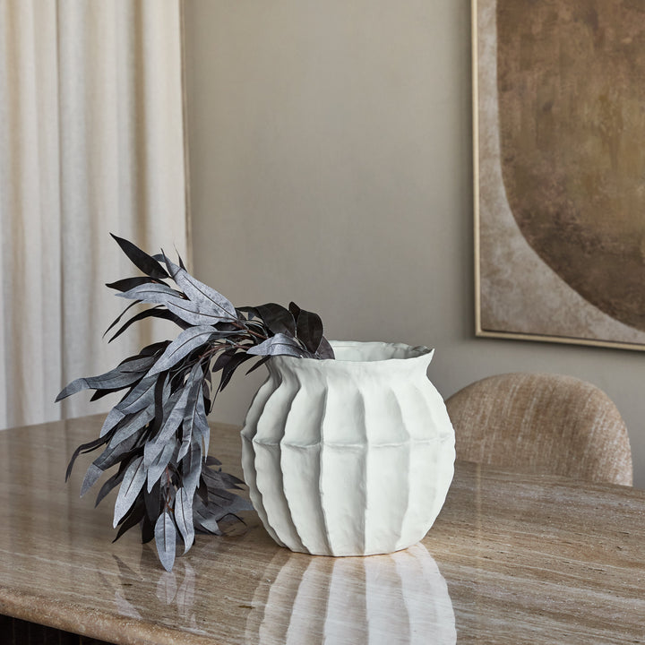 Kova White Ceramic Ribbed Large Squat Vase