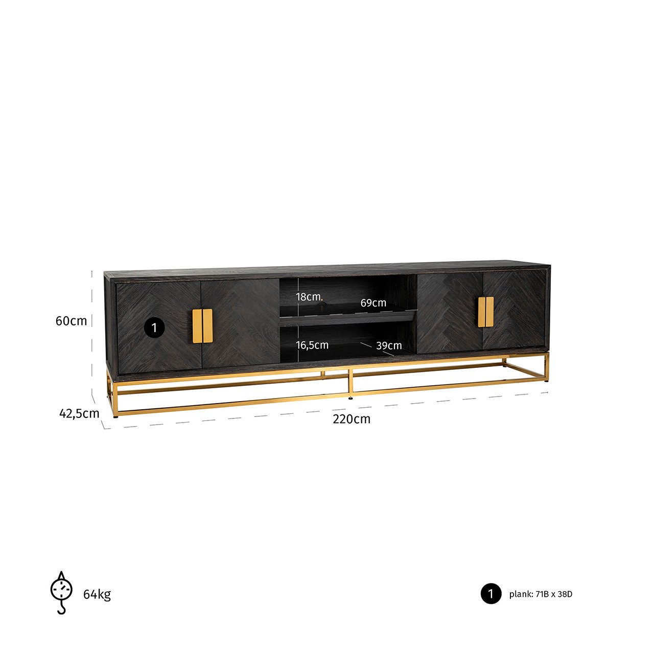 Richmond Blackbone 4 Doors Gold TV Unit - Large