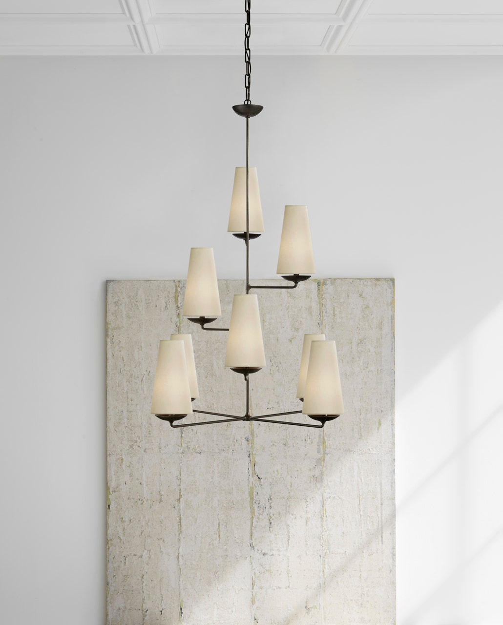 Fontaine Vertical Chandelier - Aged Iron with Linen Shades Visual Comfort 2