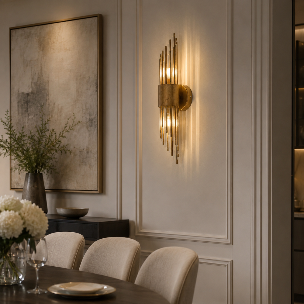 A modern wall sconce with vertical gold-toned metallic rods emitting warm light, mounted on a cream paneled wall in an elegant dining room setting.