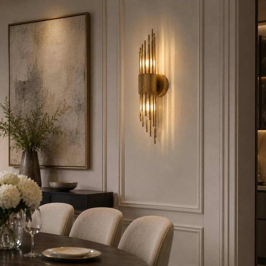 A modern wall sconce with vertical gold-toned metallic rods emitting warm light, mounted on a cream paneled wall in an elegant dining room setting.