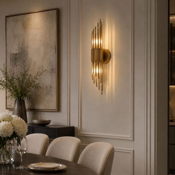 A modern wall sconce with vertical gold-toned metallic rods emitting warm light, mounted on a cream paneled wall in an elegant dining room setting.