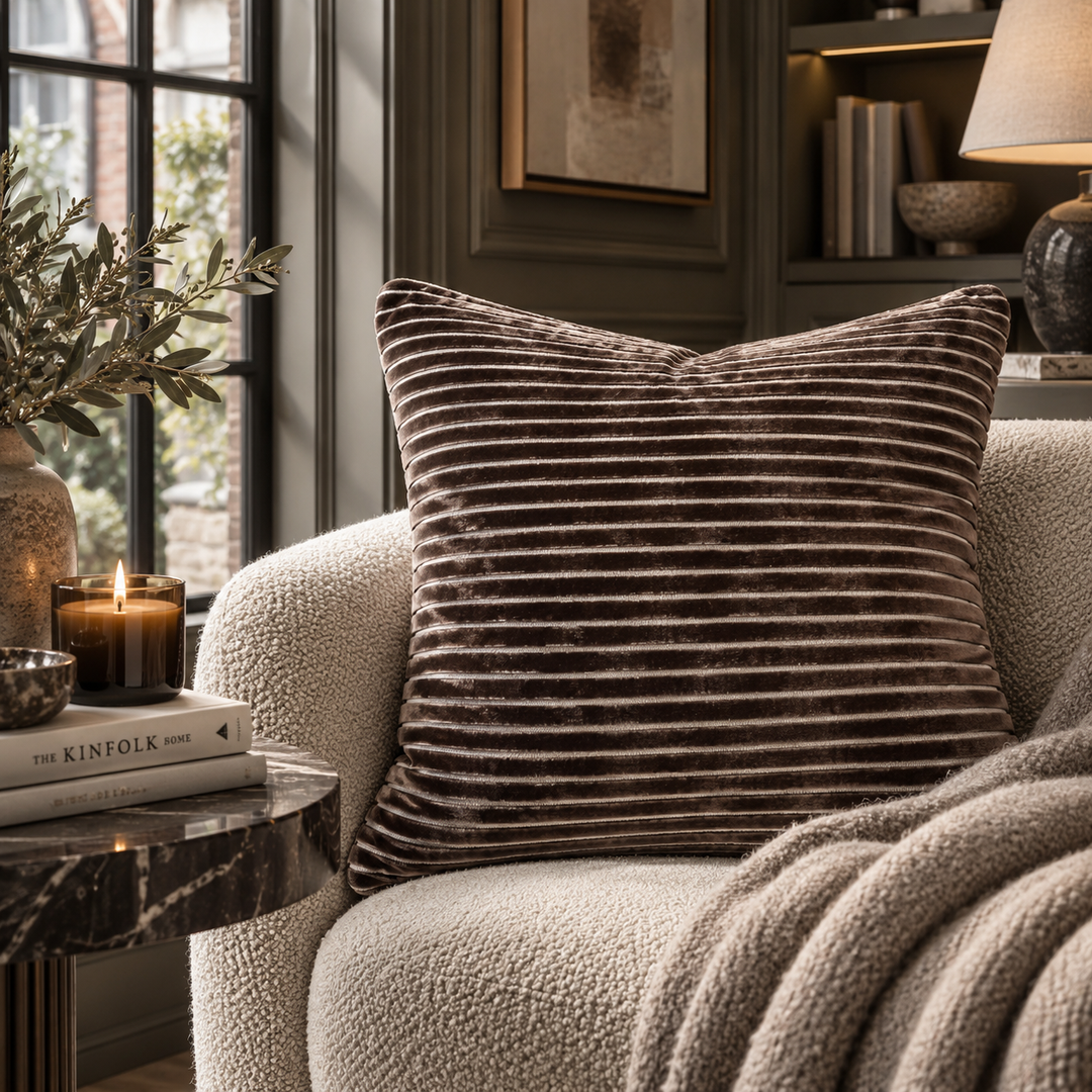 A square brown corduroy throw pillow resting on a cream boucle armchair in a styled living room setting with a lit candle, books, and a window in the background.