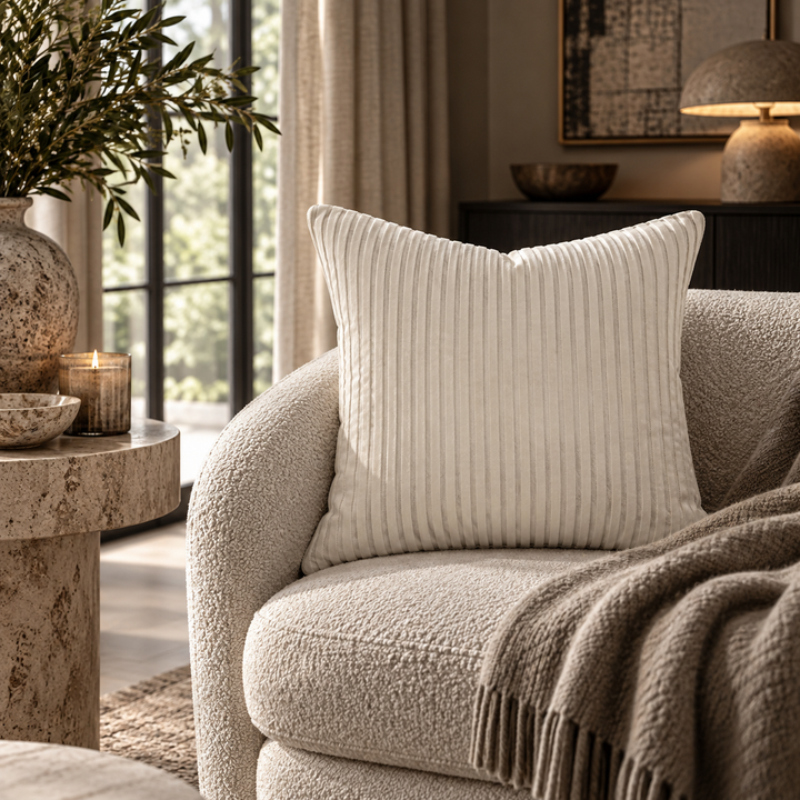 A cream ribbed throw pillow resting on a textured beige armchair in a warm, modern living room setting with a neutral throw blanket and soft natural light.