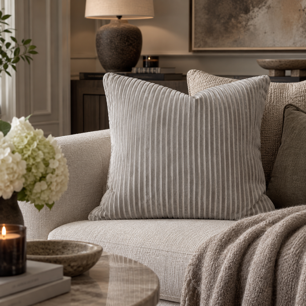 A square ribbed throw pillow in a light beige linen fabric with vertical stripes, styled on a light beige textured sofa in a cozy living room setting.