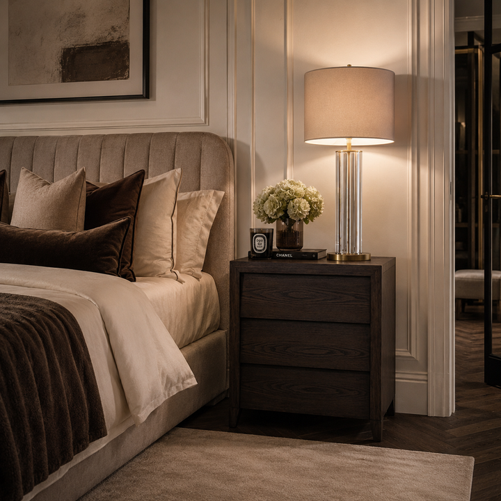 A modern table lamp with a beige drum shade and a clear cylindrical base sits on a dark wood nightstand next to a bed in a styled bedroom setting.