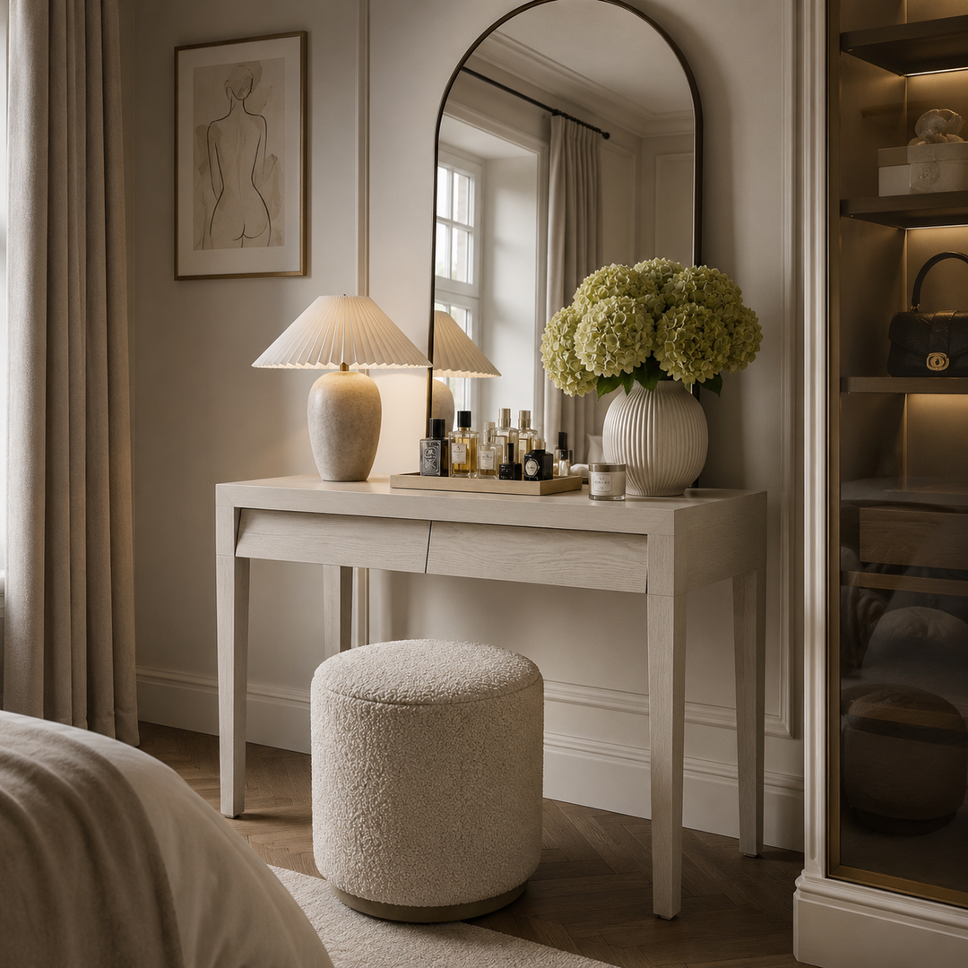 A styled vanity table setup in a bedroom or dressing area, featuring a light wood console table with an arched mirror, a pleated table lamp, a vase of pale green hydrangeas, and a round textured ottoman. The room has warm neutral walls, curtains, and shelving.