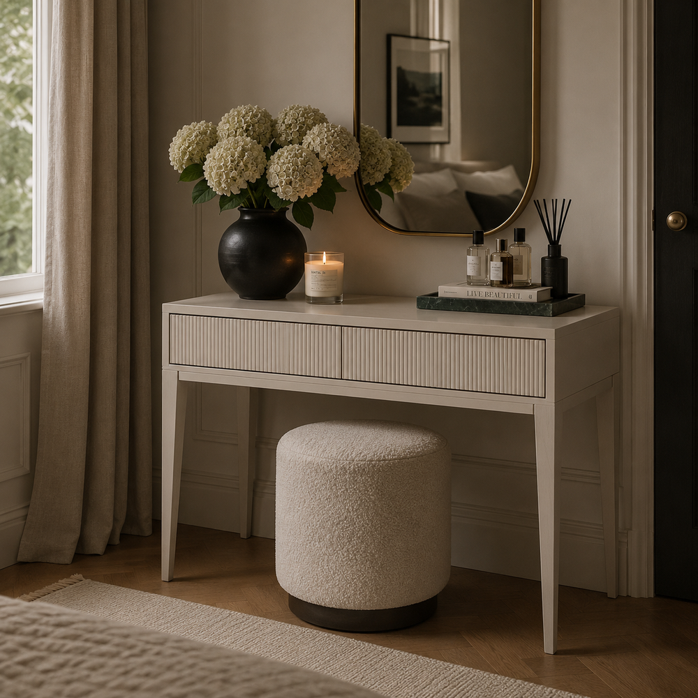 A styled interior scene showing a white console table with ribbed drawer fronts, a round upholstered ottoman, a black vase with white flowers, a lit candle, and small decor items on top. The room has beige walls, a large oval mirror, wood flooring, and a window with curtains on the left.