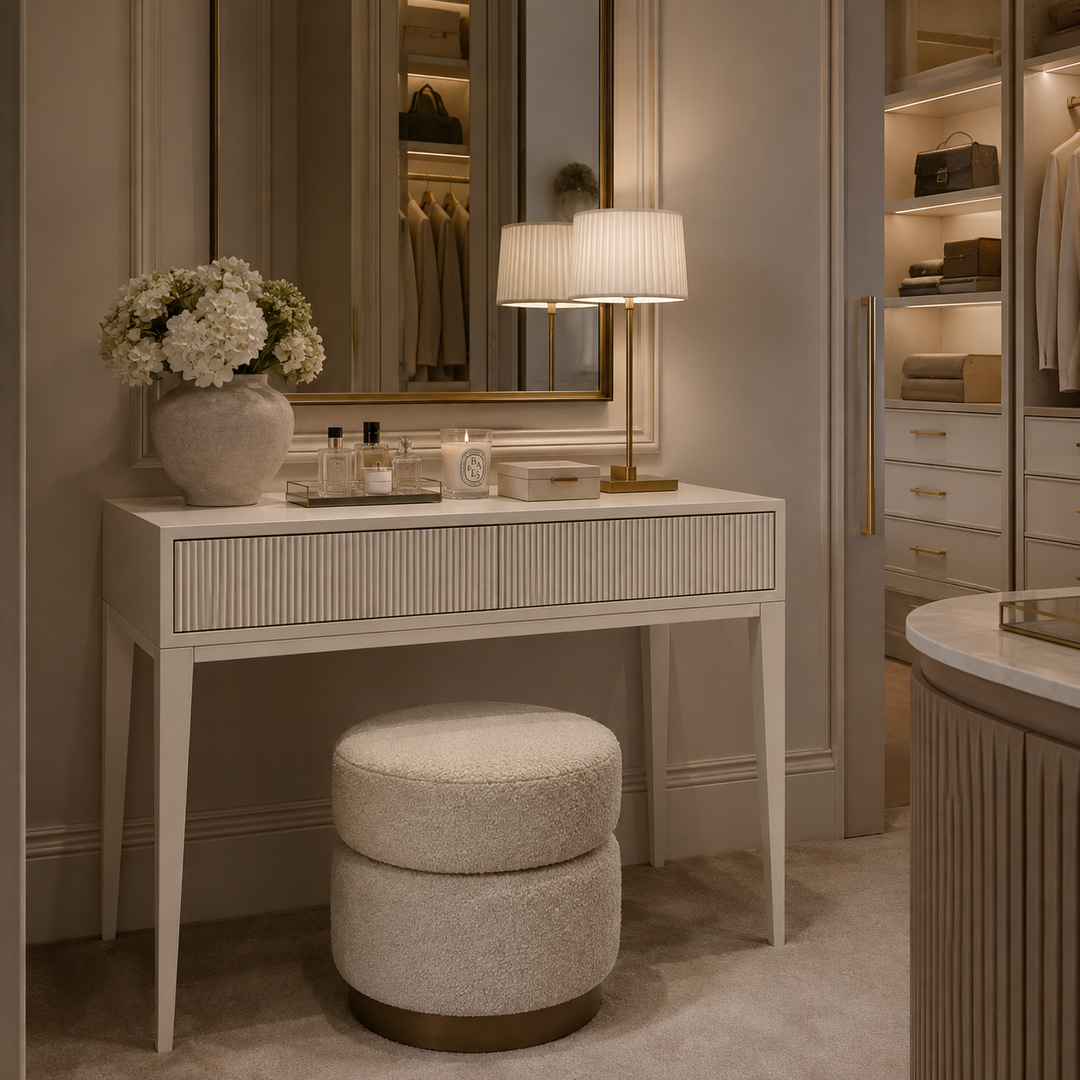 A white vanity console table with a ribbed front drawer and tapered legs, styled in a dressing room with a matching round upholstered ottoman, a table lamp, a vase of white flowers, and a mirror in the background.