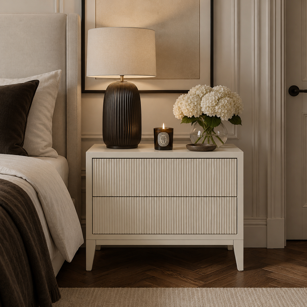 A modern off-white nightstand with vertical channel detailing, styled in a bedroom next to a bed with neutral bedding. On top of the nightstand are a ribbed dark brown table lamp, a lit candle, and a glass vase of white hydrangeas.