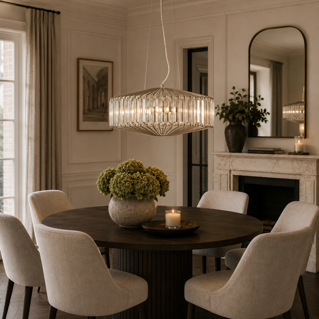 A modern oval pendant chandelier with clear ribbed glass panels and a silver-toned wire frame hangs over a round dark wood dining table with upholstered cream chairs in a styled dining room.