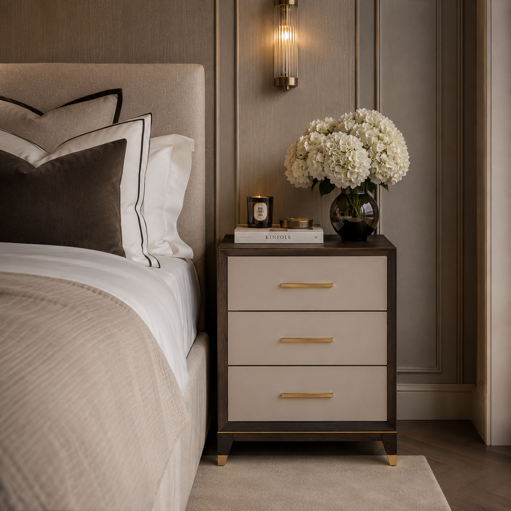 A three-drawer nightstand with a dark wood frame and gold-tone handles, styled in a modern bedroom next to a bed with neutral bedding and white flowers in a vase.