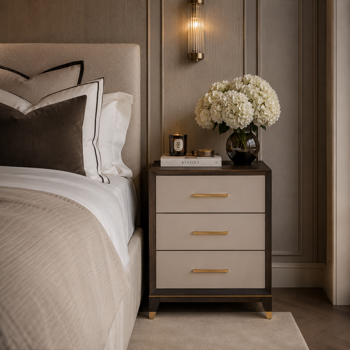 A three-drawer nightstand with a dark wood frame and gold-tone handles, styled in a modern bedroom next to a bed with neutral bedding and white flowers in a vase.