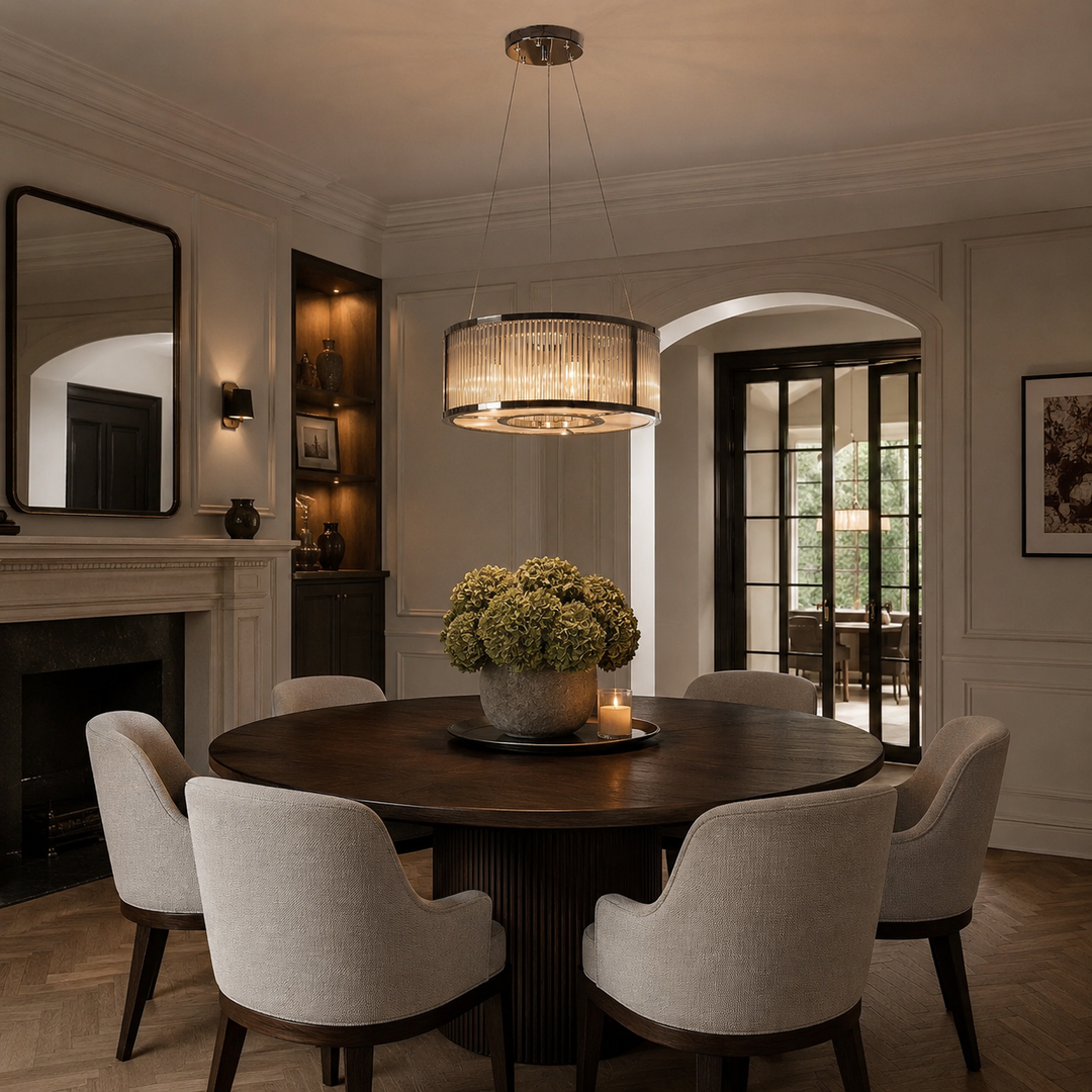 A round dark wood dining table surrounded by six upholstered dining chairs in a warm, elegant dining room. A large cylindrical pendant light hangs above the table, which is decorated with a green hydrangea centerpiece.