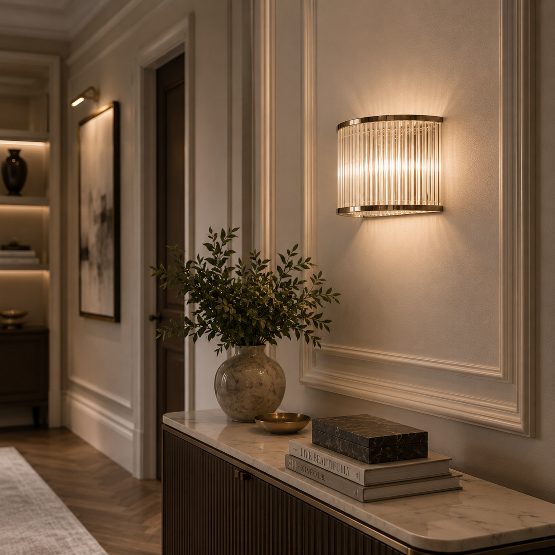 A modern cylindrical wall sconce with vertical crystal-like prisms and a brushed gold metal frame, mounted on a cream paneled wall in a beautifully styled hallway with a marble console table and a vase of greenery.