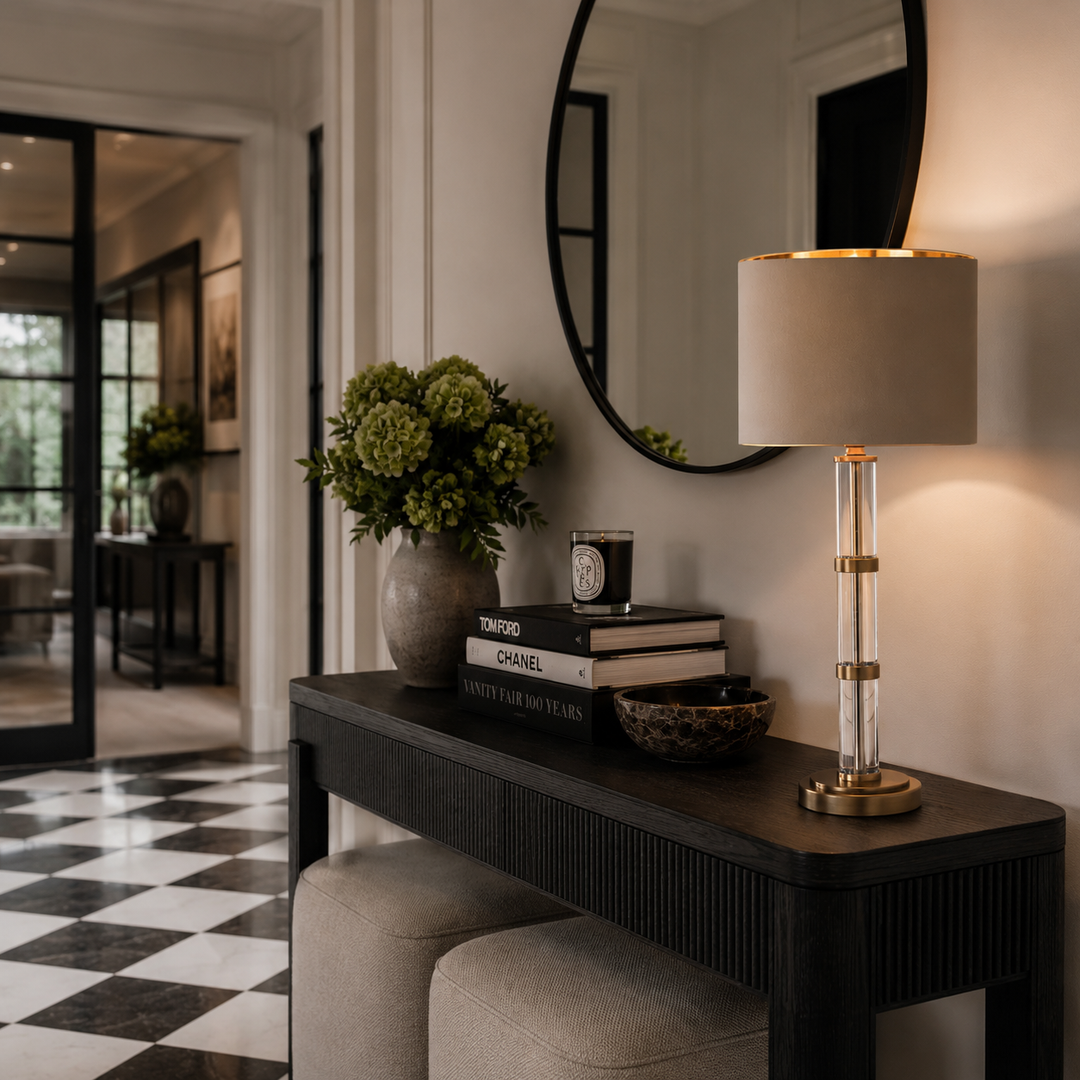 A modern table lamp with a beige drum shade, clear glass column, and gold-toned base sits on a dark wood console table in a styled interior. The scene includes books, a vase of greenery, a bowl, a candle, a round mirror, and a checkered floor.