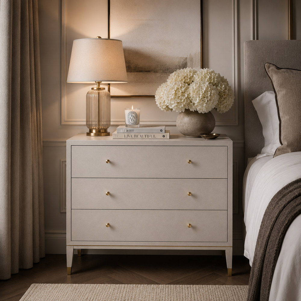 A light beige three-drawer nightstand in a styled bedroom setting, decorated with a table lamp, a small candle, a book, and a vase of white flowers.