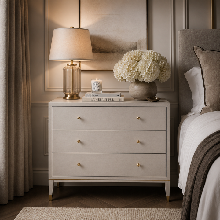 A light beige three-drawer nightstand in a styled bedroom setting, decorated with a table lamp, a small candle, a book, and a vase of white flowers.