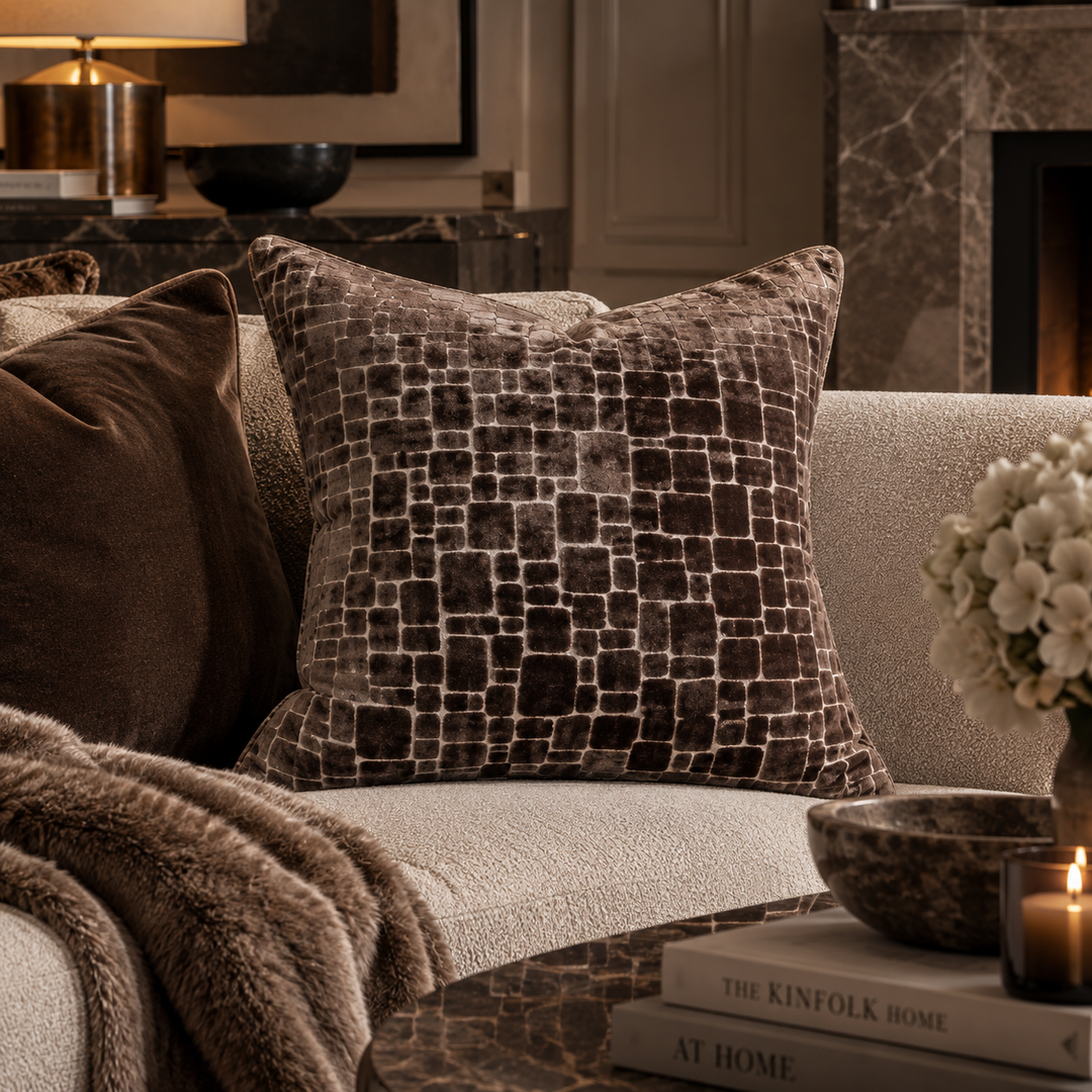 Bergen Cut Velvet Abstract Squares Cushion - Chocolate
