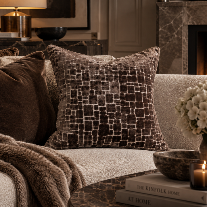Bergen Cut Velvet Abstract Squares Cushion - Chocolate