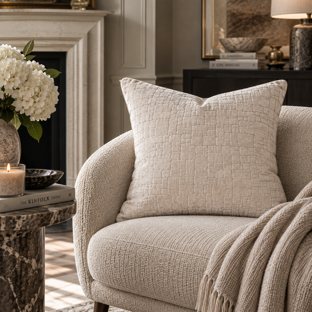 A textured cream throw pillow with a subtle embossed geometric pattern resting on a matching upholstered armchair in a cozy living room setting with a fireplace, candle, and throw blanket.