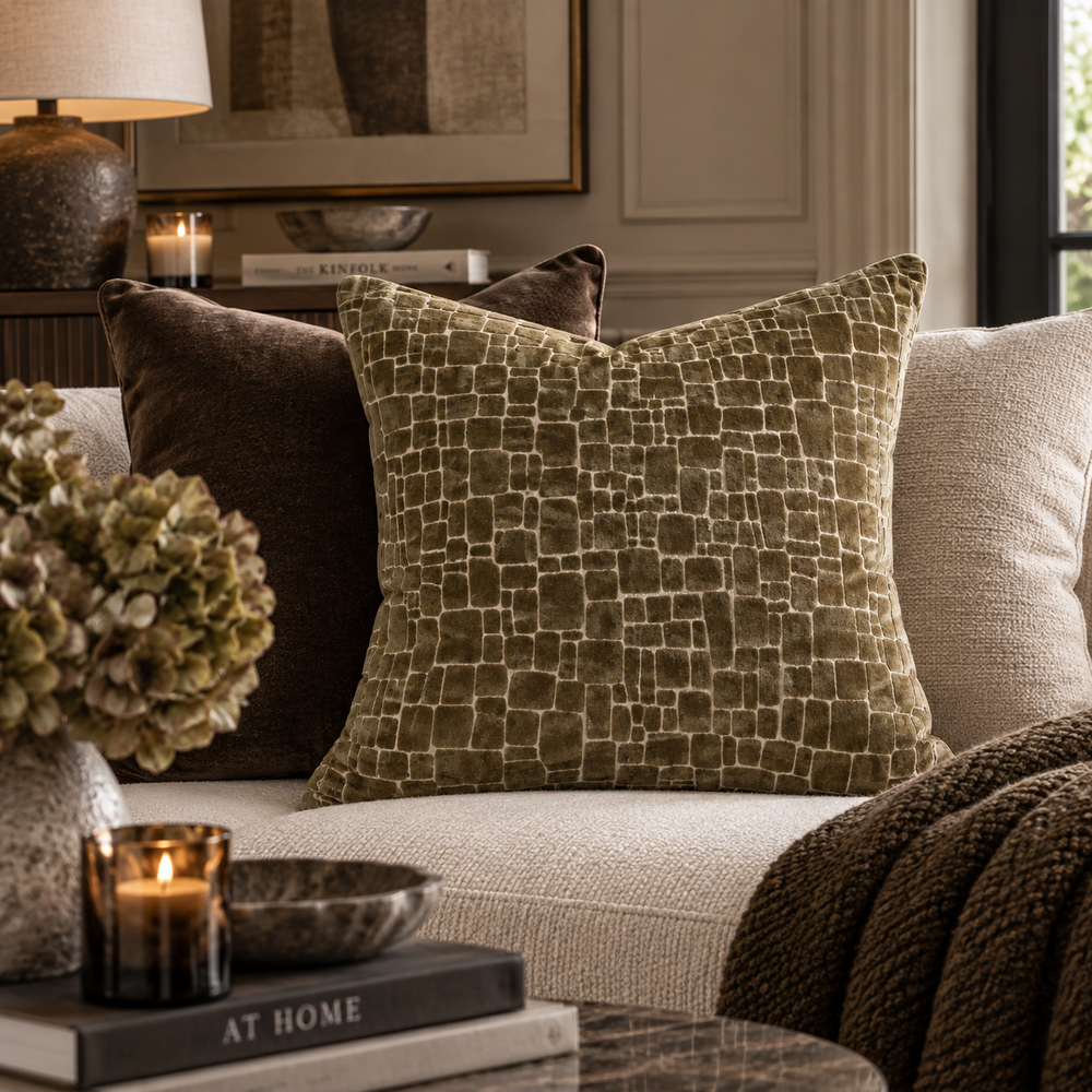An olive green throw pillow with a raised geometric grid pattern sits on a light beige sofa in a styled living room setting, flanked by a dark brown pillow and a textured brown throw blanket.