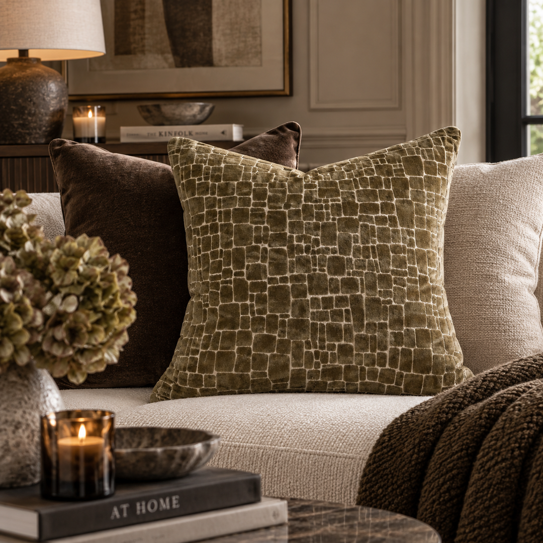 An olive green throw pillow with a raised geometric grid pattern sits on a light beige sofa in a styled living room setting, flanked by a dark brown pillow and a textured brown throw blanket.