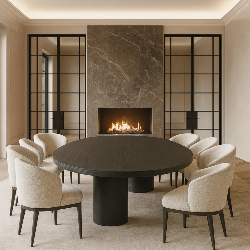 Dining room with a round dark wooden table and beige chairs, featuring a fireplace.