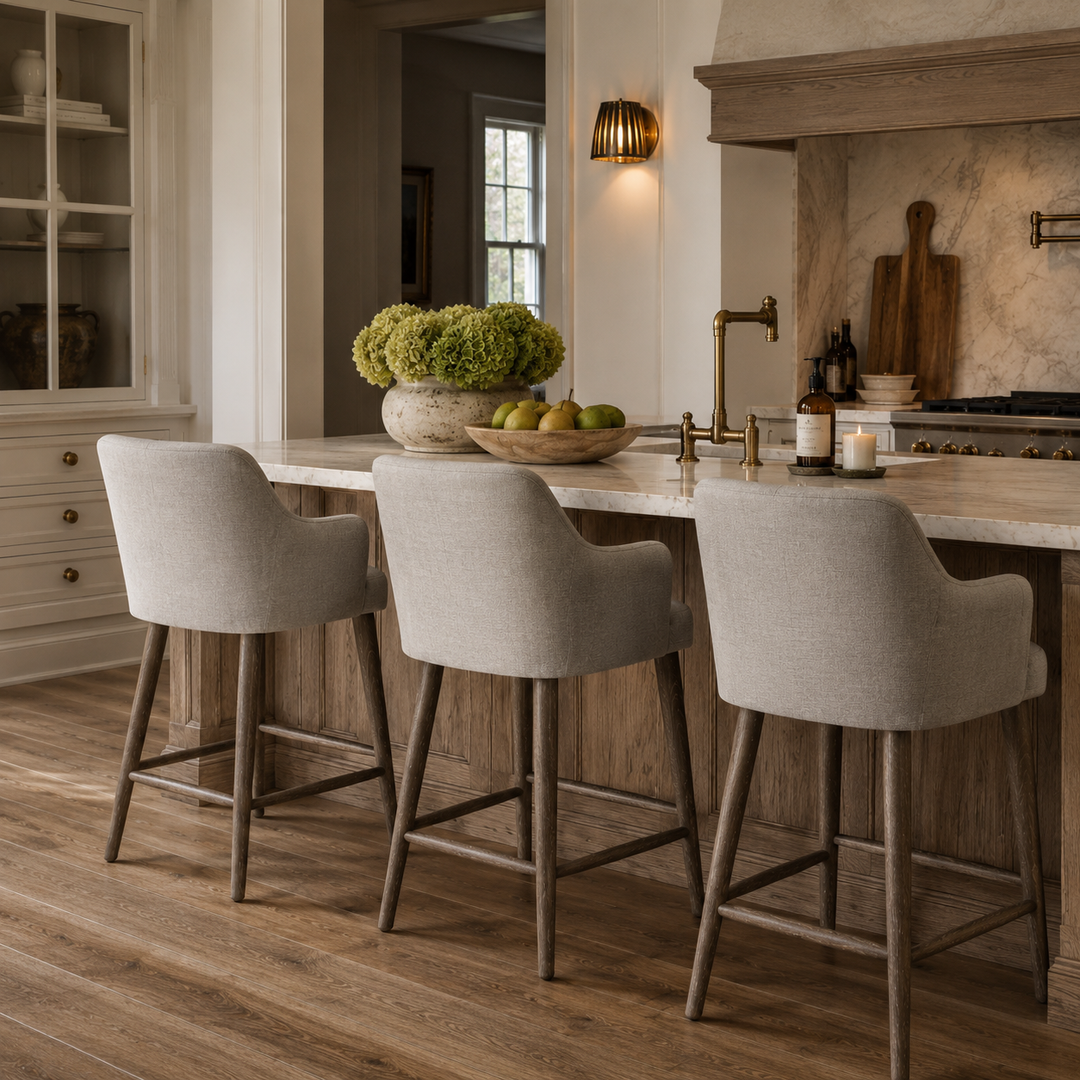 Three upholstered bar stools with light beige fabric and dark wood legs, arranged around a kitchen island in a warm, rustic kitchen setting.