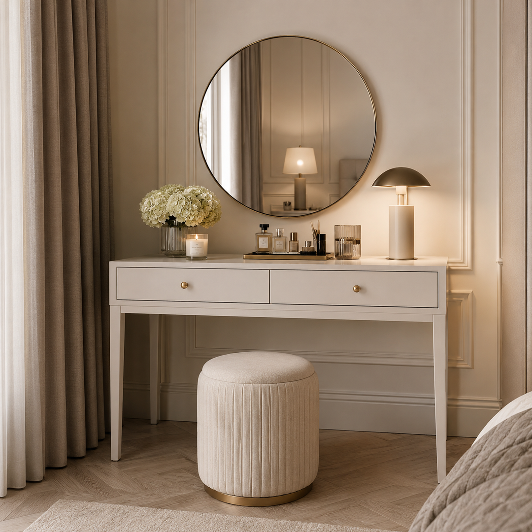 A white vanity table with two drawers and gold knobs, styled with a round wall mirror, a floor lamp, a vase of flowers, and a matching pleated cream ottoman in a softly lit bedroom.