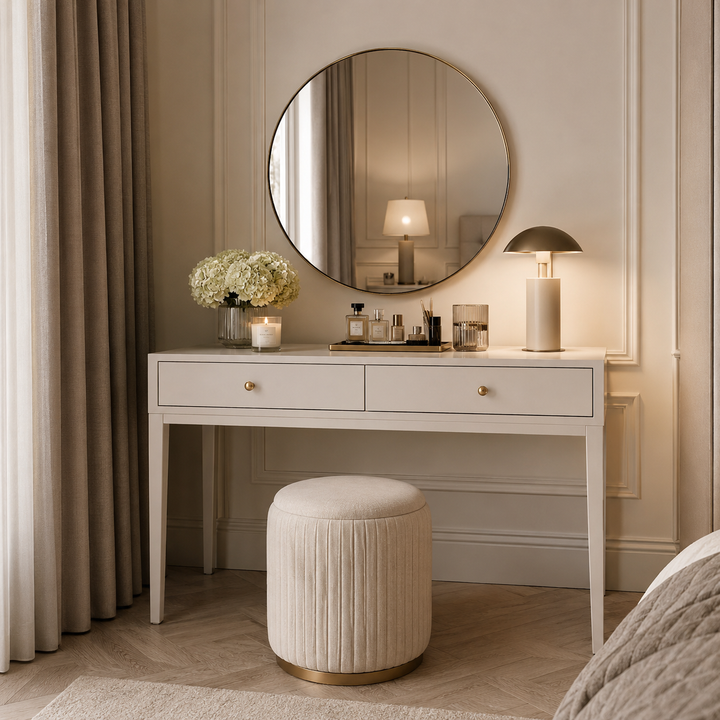 A white vanity table with two drawers and gold knobs, styled with a round wall mirror, a floor lamp, a vase of flowers, and a matching pleated cream ottoman in a softly lit bedroom.