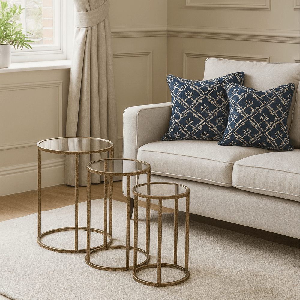 Set of 3 Mirror Top Nest Tables - Antique Gold