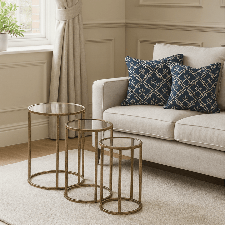 Set of 3 Mirror Top Nest Tables - Antique Gold