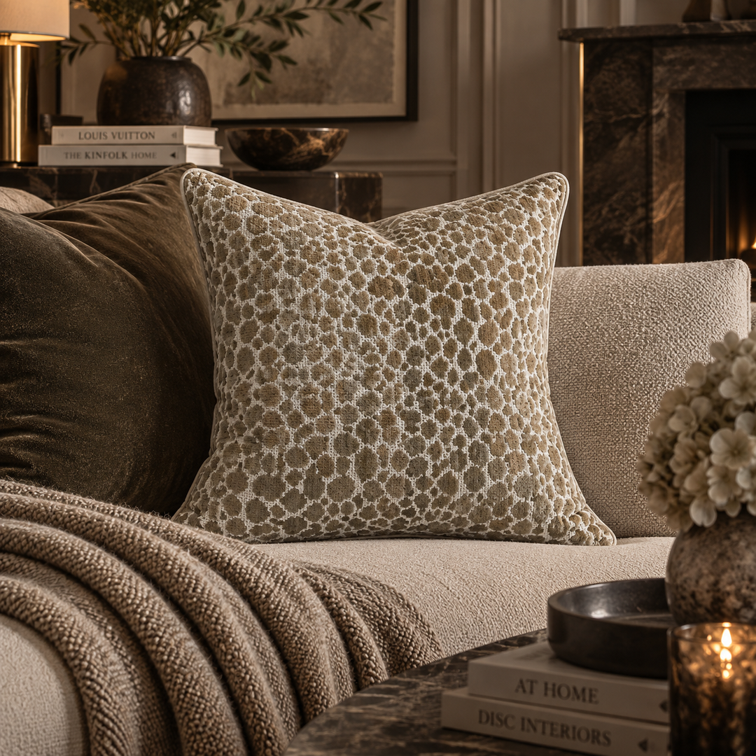 A square throw pillow with a beige and brown abstract spotted pattern, styled on a textured cream sofa in a cozy living room setting.