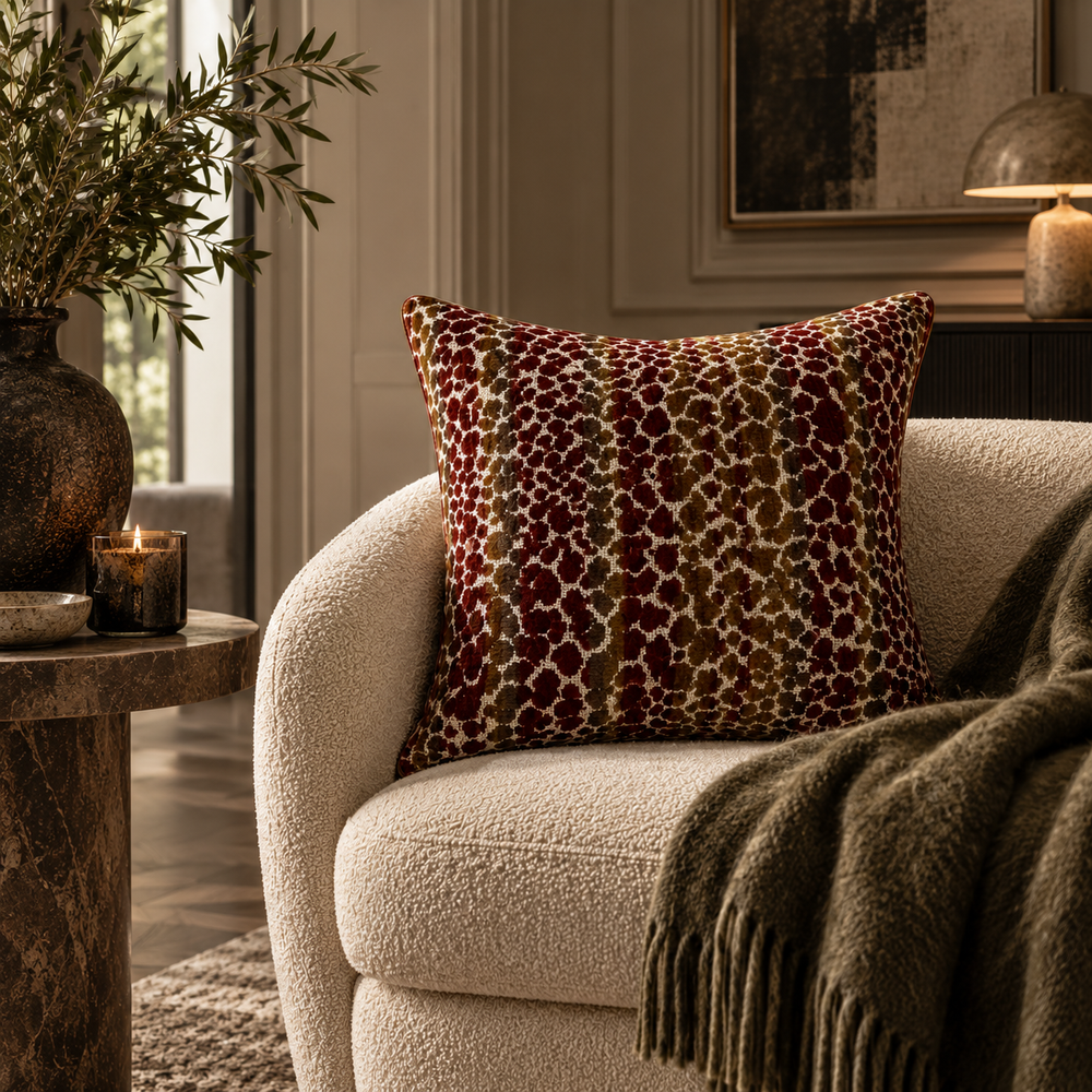 A square throw pillow with a red, gold, and brown leopard-style animal print pattern, resting on a cream bouclé armchair in a cozy, warmly lit living room setting.