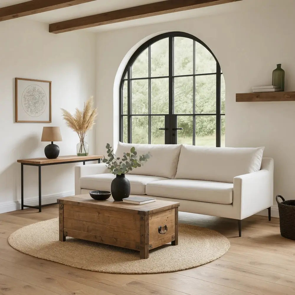 Modern living room with a white sofa, wooden coffee table, and large window.
