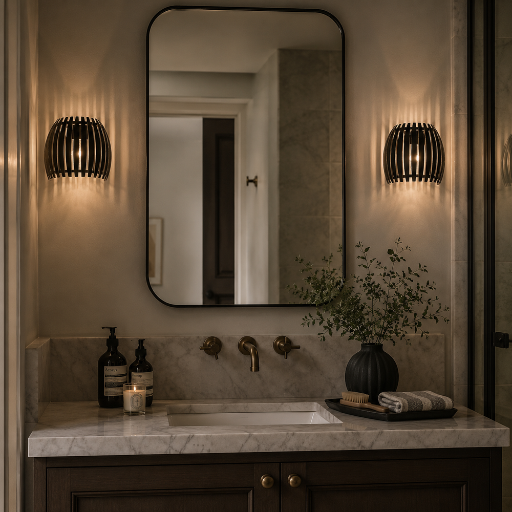 A bathroom vanity scene with a large rectangular wall mirror, two black ribbed sconces mounted on the walls, a marble countertop, brass fixtures, and a dark wood cabinet. Decorative bottles, a candle, and a vase with greenery sit on the counter.