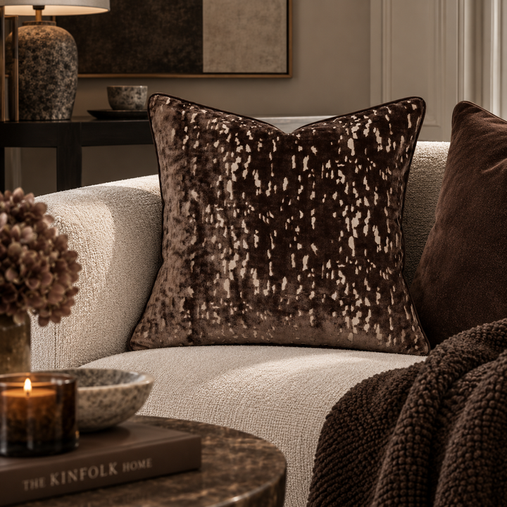 A square throw pillow in dark brown crushed velvet with a lighter beige abstract speckled pattern, styled on a cream-colored textured sofa in a cozy living room setting.