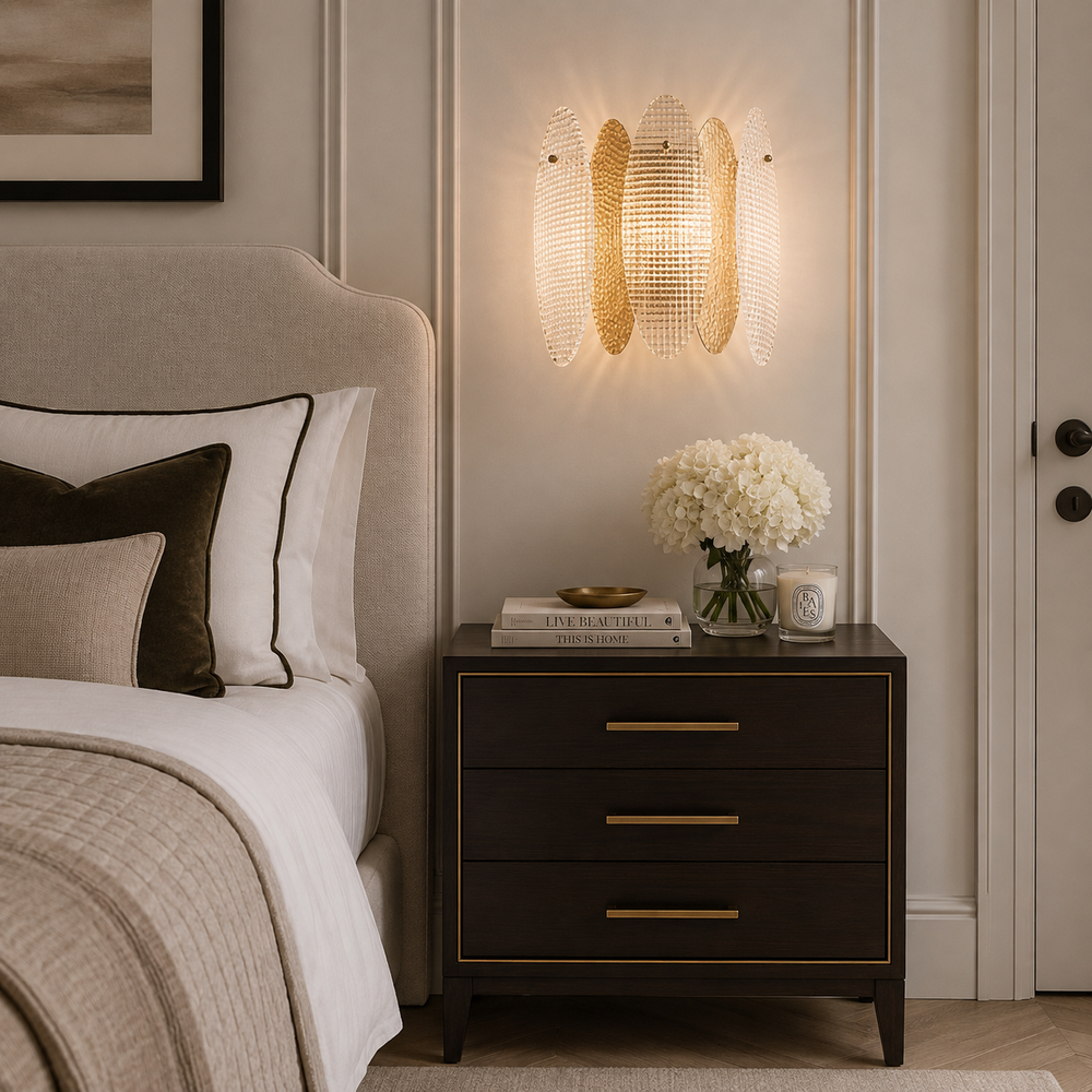 A modern wall-mounted light fixture with three curved gold-toned glass panels glowing warm light, installed above a dark wood nightstand in a styled bedroom setting.
